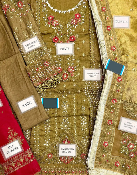 Glamorous Embroidered Antique Gold Raw Silk Bridal Dress with Hand Embellishments