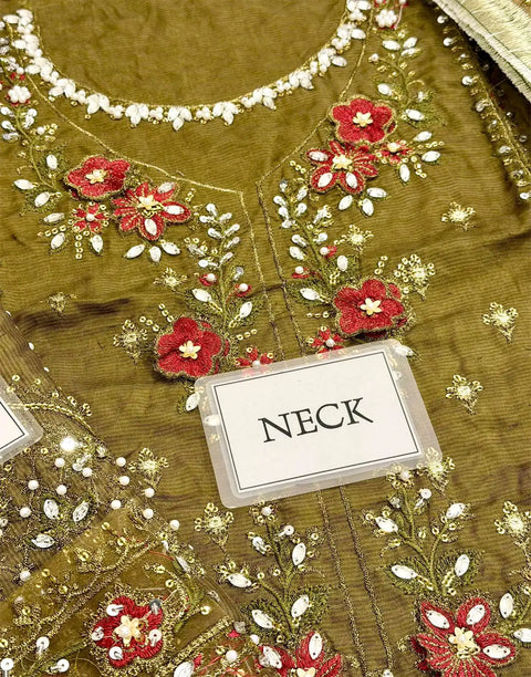 Glamorous Embroidered Antique Gold Raw Silk Bridal Dress with Hand Embellishments