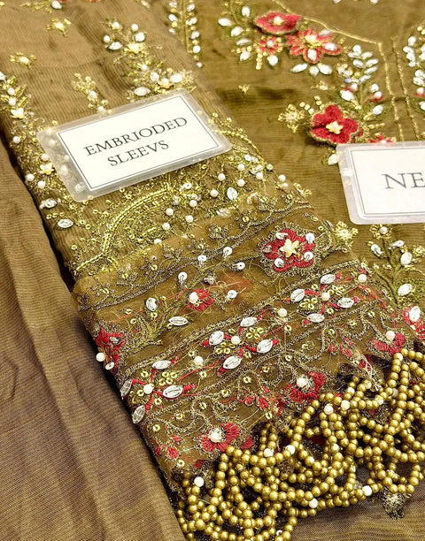 Glamorous Embroidered Antique Gold Raw Silk Bridal Dress with Hand Embellishments