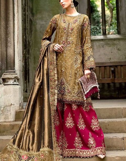 Glamorous Embroidered Antique Gold Raw Silk Bridal Dress with Hand Embellishments