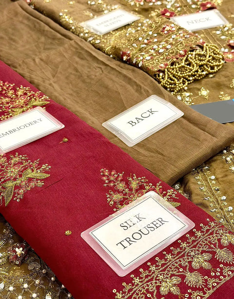 Glamorous Embroidered Antique Gold Raw Silk Bridal Dress with Hand Embellishments