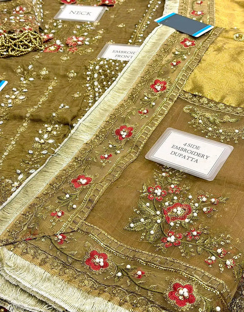 Glamorous Embroidered Antique Gold Raw Silk Bridal Dress with Hand Embellishments