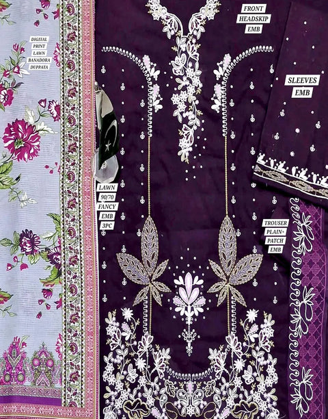 Elegant Embroidered EID Lawn Dress with Digital Print Banadora Dupatta
