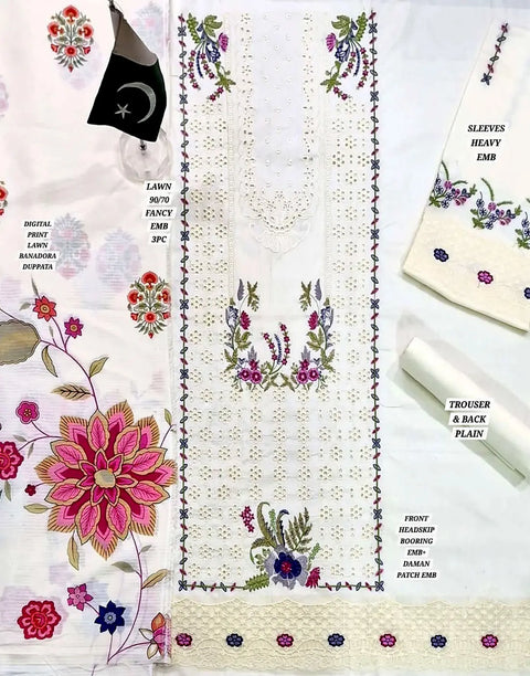 Heavy Schiffli Embroidered EID Lawn Suit with Digital Print Banadora Dupatta