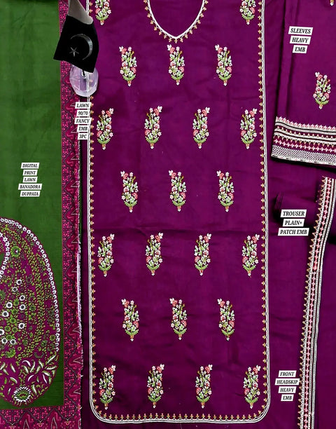 Traditional Embroidered EID Lawn Dress with Printed Bana Dora Dupatta
