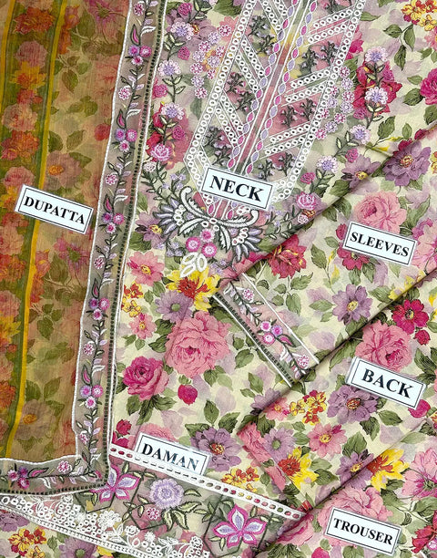 All-Over Flower Print Embroidered EID Lawn Suit with Emb. Chiffon Dupatta
