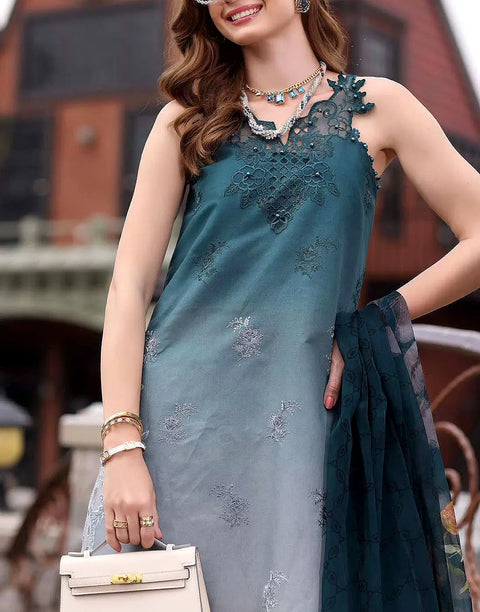 Trendy Ombre Embroidered Teal Green Lawn Dress with Printed Silk Dupatta