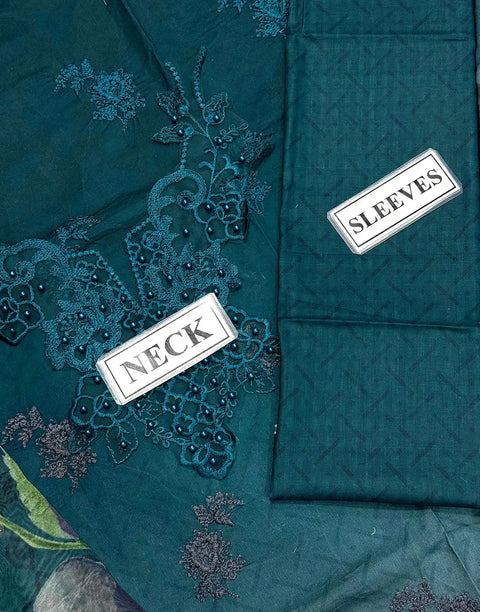 Trendy Ombre Embroidered Teal Green Lawn Dress with Printed Silk Dupatta