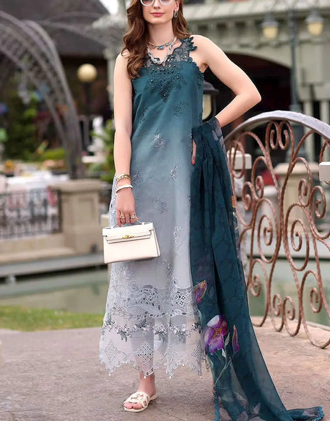 Trendy Ombre Embroidered Teal Green Lawn Dress with Printed Silk Dupatta