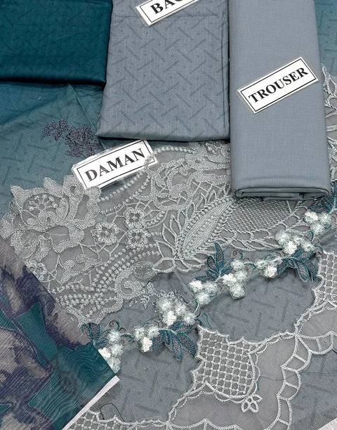 Trendy Ombre Embroidered Teal Green Lawn Dress with Printed Silk Dupatta
