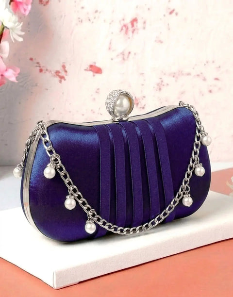Glamorous Curved Rectangular Shape Pleated Satin Clutch Bag with Faux Pearl Clasp