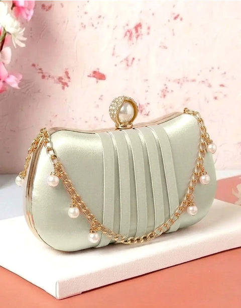 Glamorous Curved Rectangular Shape Pleated Satin Clutch Bag with Faux Pearl Clasp