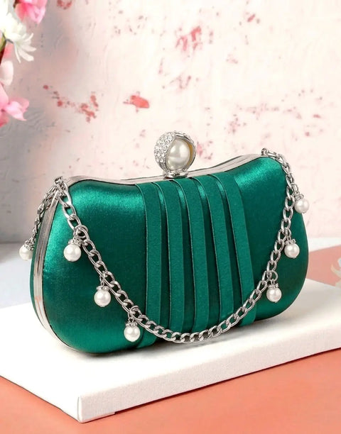 Glamorous Curved Rectangular Shape Pleated Satin Clutch Bag with Faux Pearl Clasp