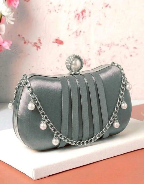 Glamorous Curved Rectangular Shape Pleated Satin Clutch Bag with Faux Pearl Clasp