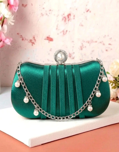 Glamorous Curved Rectangular Shape Pleated Satin Clutch Bag with Faux Pearl Clasp