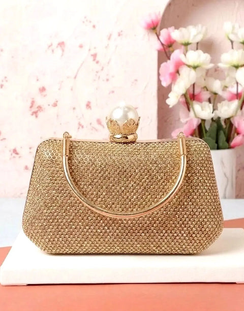 Faux Pearl Clasp Sparkly Rhinestone Evening Clutch Bag