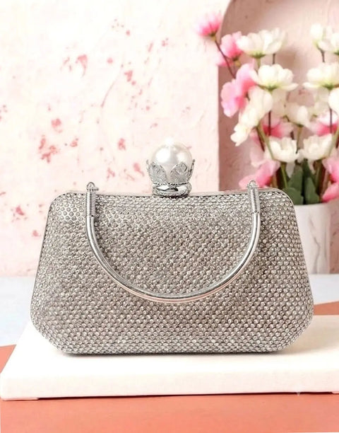Faux Pearl Clasp Sparkly Rhinestone Evening Clutch Bag