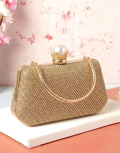 Faux Pearl Clasp Sparkly Rhinestone Evening Clutch Bag