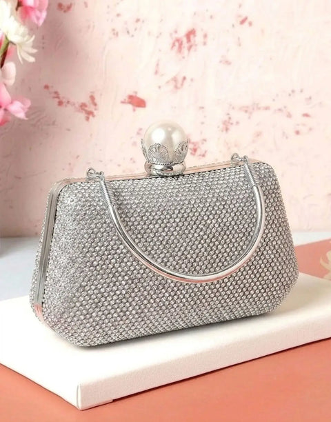 Faux Pearl Clasp Sparkly Rhinestone Evening Clutch Bag